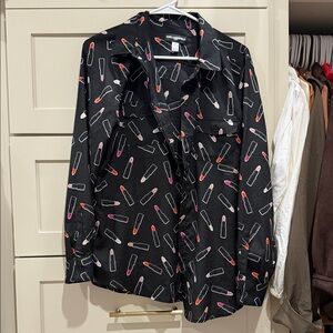 Karl Lagerfeld Black Blouse with Pink & Red Lipstick Print